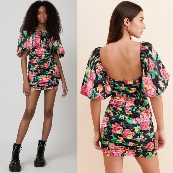 NWT FOR LOVE & LEMONS Floral Satin Puff Sleeve Open Back Ruched Bodycon Dress S - Picture 14 of 14